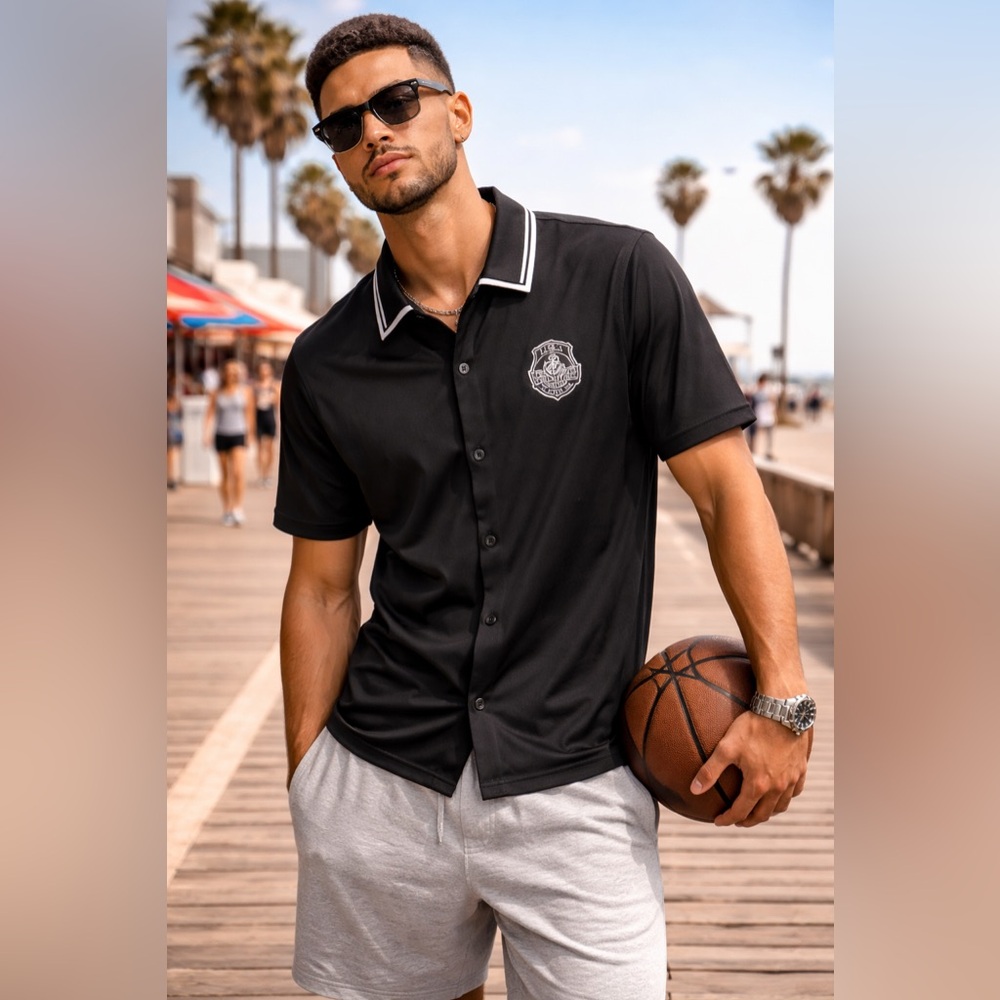 D&F Ricky Singh Black Snap Polo Shirt NWT Los Angeles Crest Relaxed Fit Medium